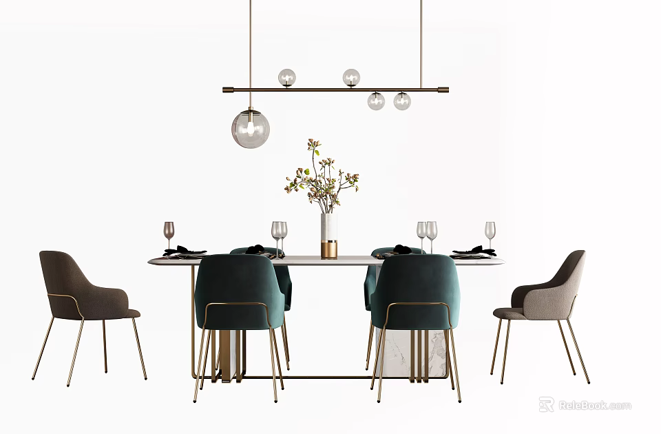 Modern Dining Table Set With Green Chairs Pendant Lights And Flower Vase 3d model