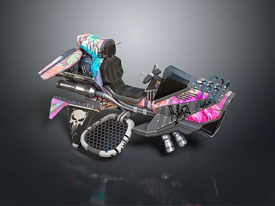 Custom Motorcycle With Colorful Graffiti Skull Design Mechanical Parts And Black Seat 3d model