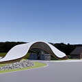 Modern Entrance Gate With Curved White Roof Wooden Structure Green Lawn And Trees