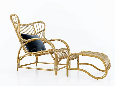 Wicker Lounge Chair With Ottoman And Navy Blue Cushion For Comfortable Relaxation 3d model