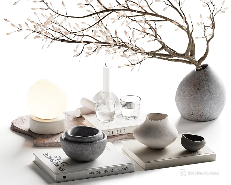 Modern Decorative Ornament Set with Ceramic Vases Stone Bowls Candle Holders and Branches Decoration 3d model 