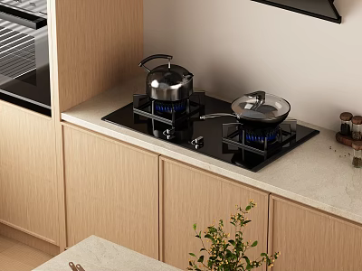 Stylish Kitchen With Gas Stove Kettle Wok And Wooden Cabinets 3d model