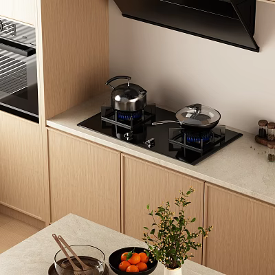 Stylish Kitchen With Gas Stove Kettle Wok And Wooden Cabinets 3d model