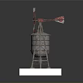 Vintage Red Silver Metal Water Tower And Windmill Models On Checkered Platform