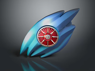 Blue Glossy Wing Shaped Decorative Object With Red Circular Gear Center 3d model