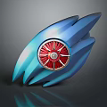 Blue Glossy Wing Shaped Decorative Object With Red Circular Gear Center