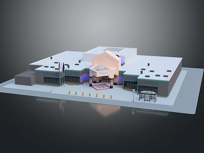 Cartoon Scene of Commercial Building with White Roof Glass Entrance Flags and Lamp Posts 3d model