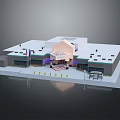 Cartoon Scene of Commercial Building with White Roof Glass Entrance Flags and Lamp Posts