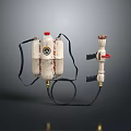 Portable Flame Thrower Weapon Featuring White Gas Cylinders Red Nozzle And Black Carrying Straps