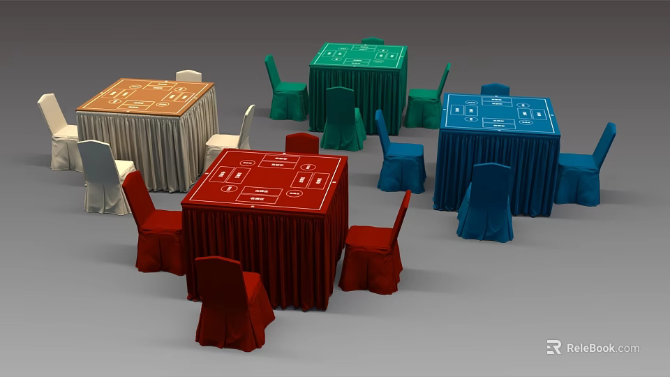 Colorful Entertainment Tables with Red Green Blue Orange Covers and Matching Chairs 3d model 