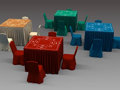 Colorful Entertainment Tables with Red Green Blue Orange Covers and Matching Chairs 3d model