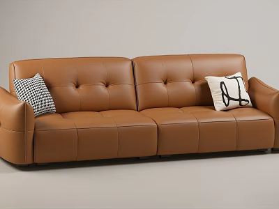 Modern Brown Three Seater Leather Sofa With Plaid Pillow And Patterned Cushion 3d model