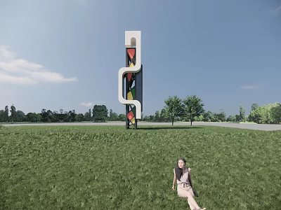 Modern Observation Deck With Colorful Decorative Structure Set In Green Grassland With Surrounding Trees 3d model