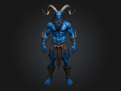 Blue Skinned Muscular Fantasy Creature With Large Horns And Armored Attire 3d model