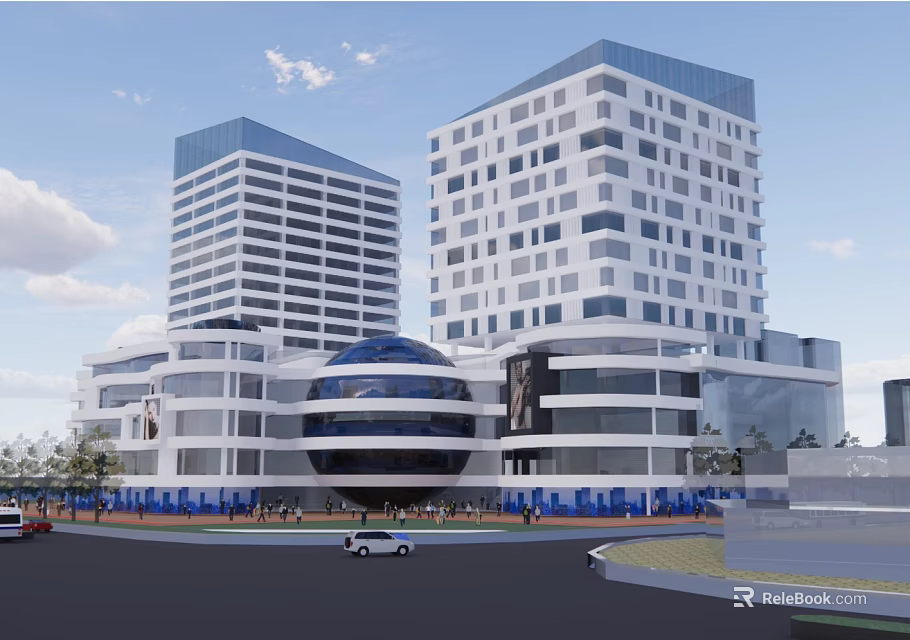 Modern Commercial Street With High Rise Buildings Circular Design Pedestrians And Cars 3d model 