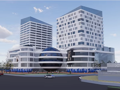 Modern Commercial Street With High Rise Buildings Circular Design Pedestrians And Cars 3d model