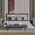 Modern Double Bed With Gray Bedding Headboard Wall Art Nightstands Table Lamps And End-of-Bed Bench