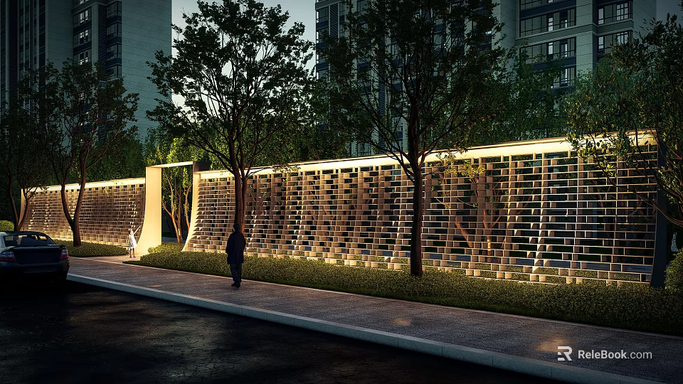 Illuminated Building Exterior Wall with Perforated Brick Design and Trees in Evening Scene with Pedestrian 3d model 