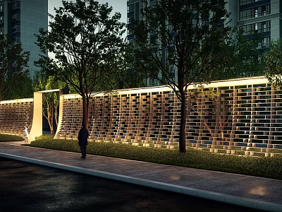 Illuminated Building Exterior Wall with Perforated Brick Design and Trees in Evening Scene with Pedestrian 3d model