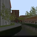 School Buildings with Rainbow Colored Sections Brick Arched Doorways and Trees Where People Walking