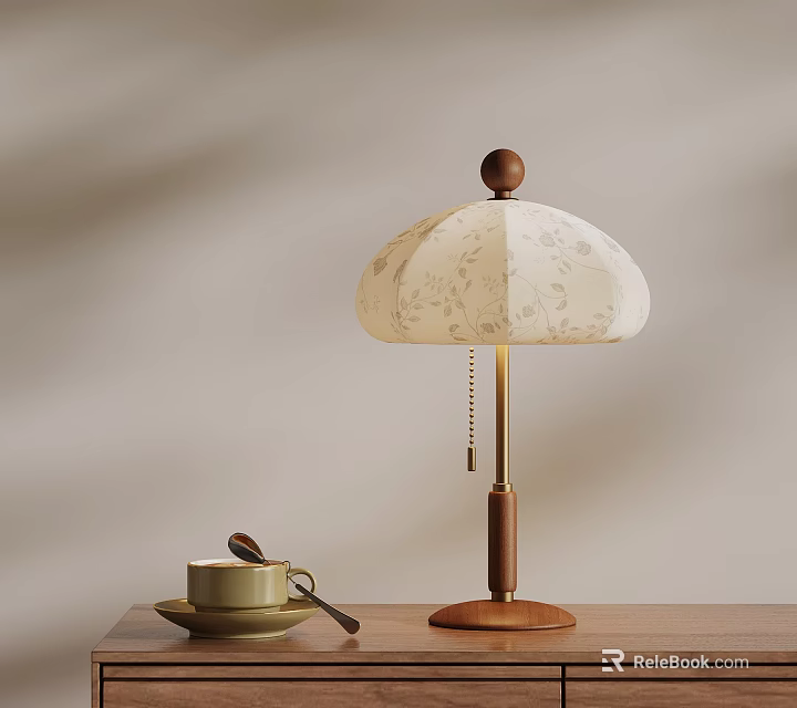 Vintage Wooden Table Lamp With Floral Patterned White Shade And Ceramic Cup 3d model 