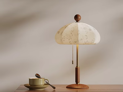 Vintage Wooden Table Lamp With Floral Patterned White Shade And Ceramic Cup 3d model