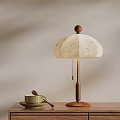Vintage Wooden Table Lamp With Floral Patterned White Shade And Ceramic Cup