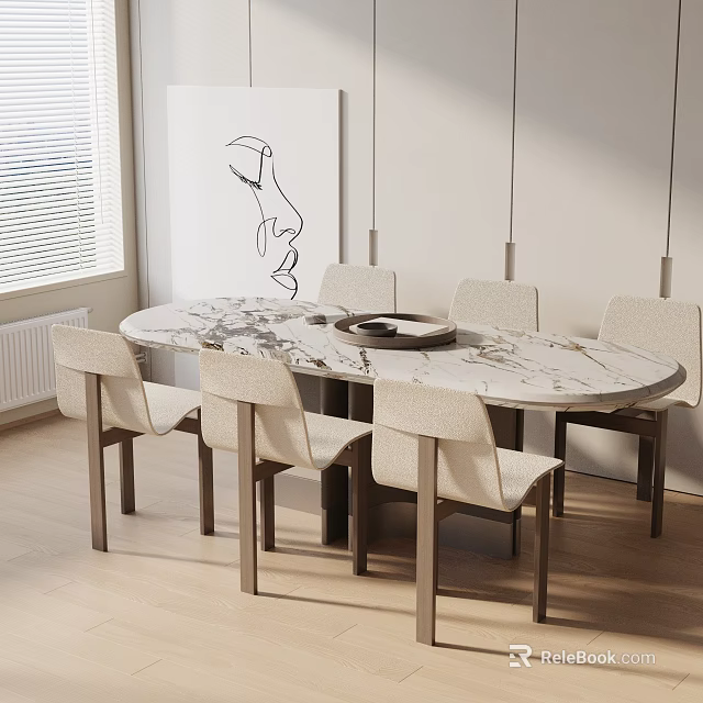 Oval Marble Dining Table Set With Six Light Upholstered Chairs And Pendant Lights 3d model