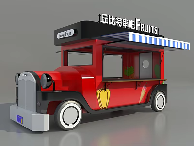 Red Fruit Vending Cart With Blue And White Striped Awning And Fruit Patterns 3d model