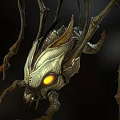Mysterious Mechanical Creature with Skeletal Structure Long Legs and Glowing Yellow Eyes on Dark Background