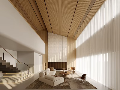Modern Living Room Interior With Wooden Ceiling White Curtains Sofa Rug Fireplace And Natural Light 3d model