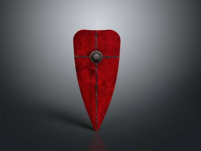 Red Medieval Shield With Metal Circular Emblem And Crossed Lines Design 3d model