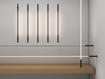 Modern Sleek Black Linear Pendant Lights In White Wall Interior With Wooden Shelf 3d model