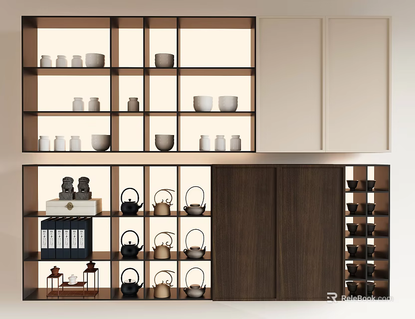 Modern Kitchen Storage Shelf with Cups Teapots Books and Wine Racks 3d model 