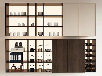 Modern Kitchen Storage Shelf with Cups Teapots Books and Wine Racks 3d model