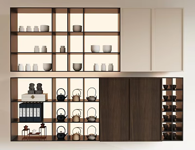 Modern Kitchen Storage Shelf with Cups Teapots Books and Wine Racks 3d model