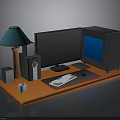 Orange Office Desk Setup With Lamp Monitor Computer Tower Speakers Mouse Keyboard And Mug