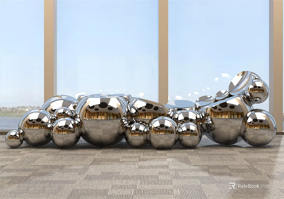 Public Chair With Silver Metallic Sphere Design In Modern Indoor Space 3d model 