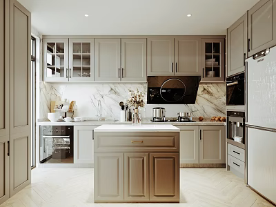 Modern Kitchen With Gray Cabinets Marble Countertops Glass Door Island And White Refrigerator 3d model