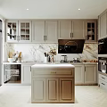Modern Kitchen With Gray Cabinets Marble Countertops Glass Door Island And White Refrigerator