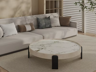 Modern Round Coffee Table With Marble Top And Black Legs In Living Room 3d model