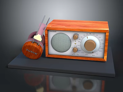 Classic Computer Headphones With Wooden Radio On Black Platform 3d model