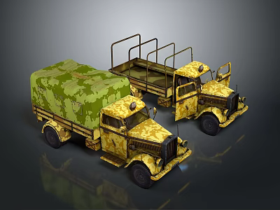 Vintage Military Truck With Camouflage Design Green And Yellow Cargo Bed And Metal Frame 3d model