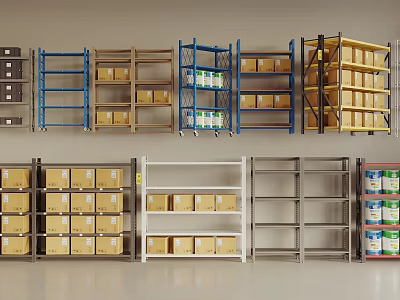 Different Colored Display Shelves Of Various Structures With Cardboard Boxes And Bottled Items In Warehouse 3d model
