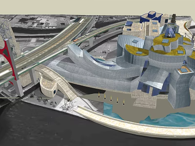 Modern Urban Architectural Complex With Bridge Waterfront And Curved Structures 3d model