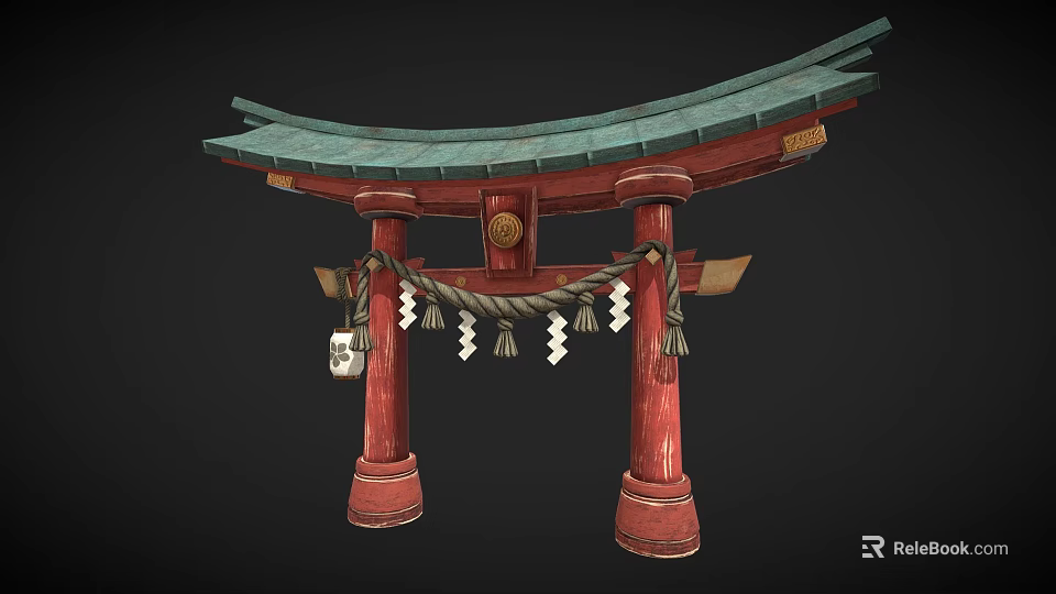 Traditional Chinese Memorial Archway With Red Pillars Green Curved Roof And Decorative Tassels 3d model 