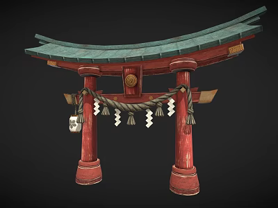 Traditional Chinese Memorial Archway With Red Pillars Green Curved Roof And Decorative Tassels 3d model
