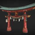 Traditional Chinese Memorial Archway With Red Pillars Green Curved Roof And Decorative Tassels