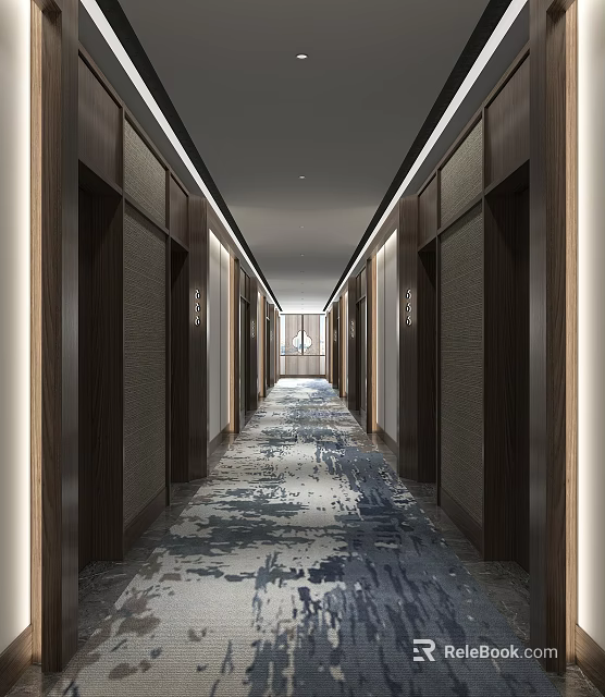 Modern Hotel Corridor Interior With Wooden Walls And Patterned Carpet Design 3d model 