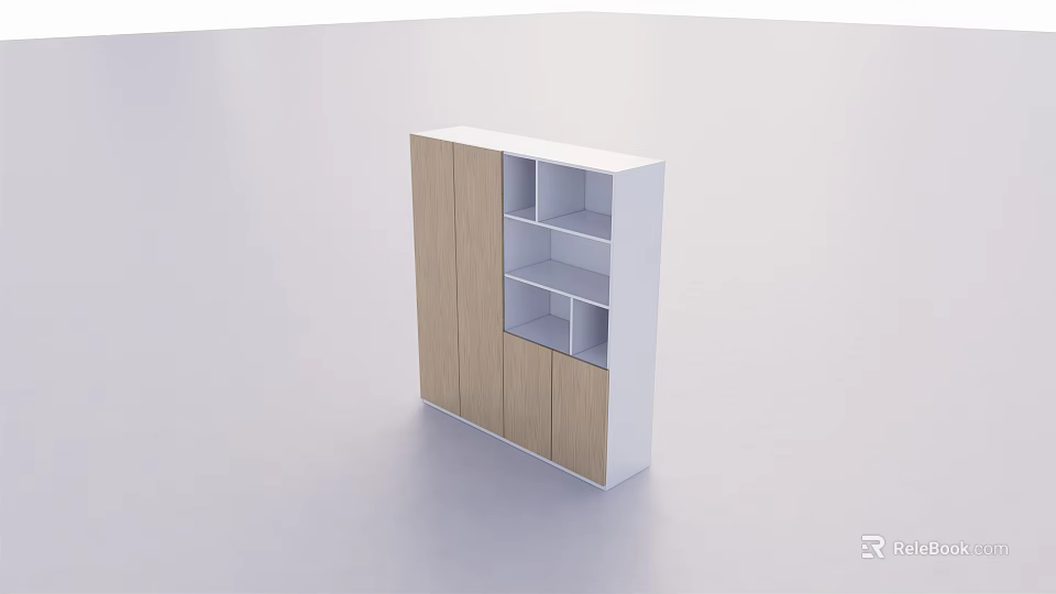 Modern Bookcase With Wooden Doors White Frame And Open Storage Shelves 3d model 